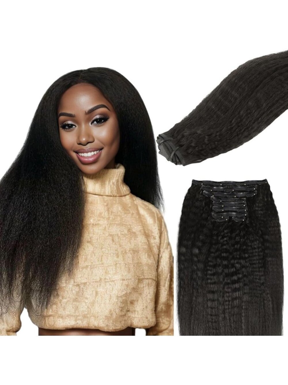 Seamless Clip-In Hair Extensions 20" Kinky Straight 150g Natural Black Real Hair